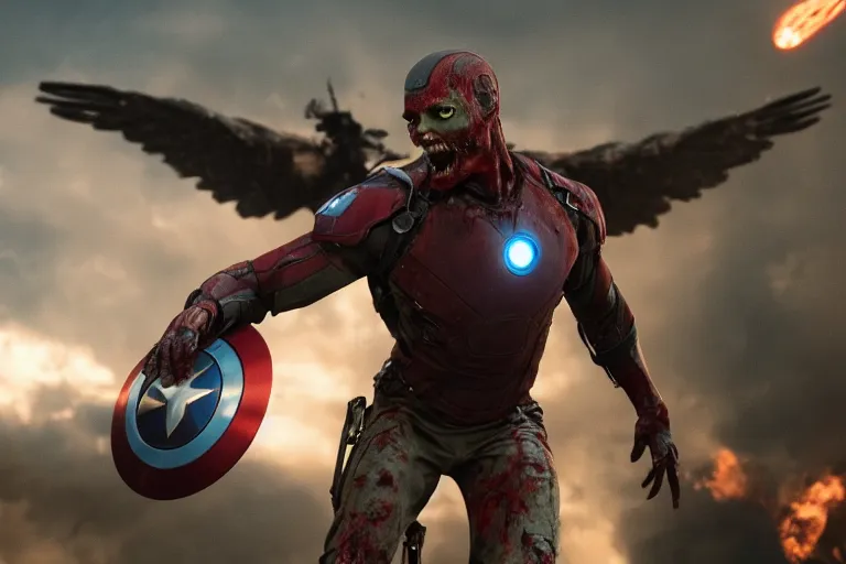 Prompt: film still of zombie zombie Sam Wilson falcon with metal wings out in new avengers movie, 4k