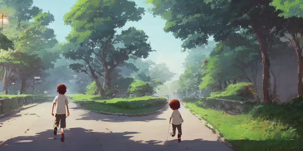 Prompt: concept art by sylvain sarrailh of a boy walking down a friendly street on his way to school, asiatic forest, studio ghibli
