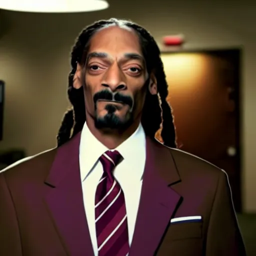 Image similar to a movie still of snoop dogg as michael scott from the office, dynamic lighting, smiling, 8 k, wearing a suit and tie, 2 0 2 2 picture of the year