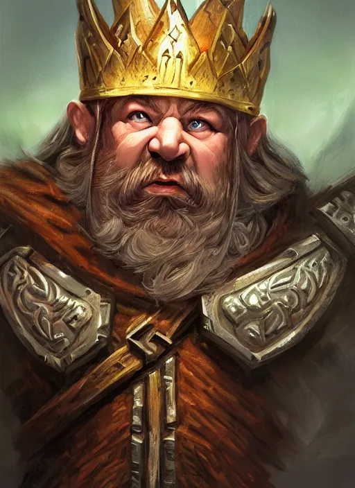 Image similar to dwarven king wearing crown, ultra detailed fantasy, dndbeyond, bright, colourful, realistic, dnd character portrait, full body, pathfinder, pinterest, art by ralph horsley, dnd, rpg, lotr game design fanart by concept art, behance hd, artstation, deviantart, hdr render in unreal engine 5