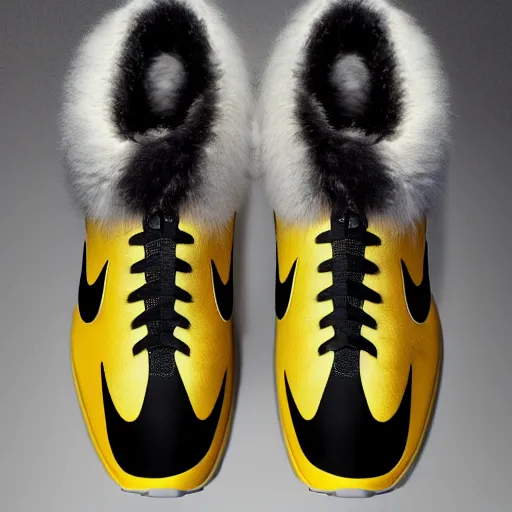 Image similar to nike shoe made of very fluffy yellow faux fur placed on reflective surface, professional advertising, overhead lighting, heavy detail, realistic by nate vanhook, mark miner