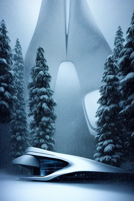 Prompt: a futuristic scene in front of a zaha hadid building in the forrest of the french alps in the style of chris moore, stormy weather, cinematic matte painting, extreme detail photo quality, dark moody colors, snowfall, featured on behance