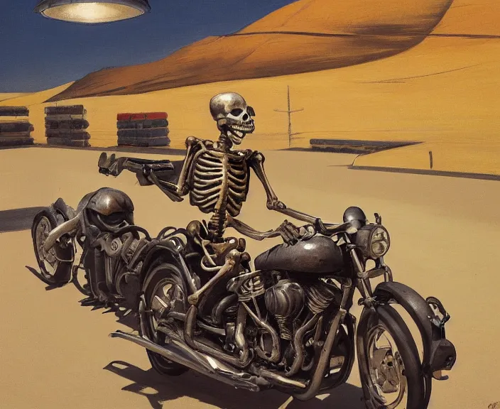 Image similar to a very detailed painting of a skeleton wearing a leather jacket, riding a motorbike, harley davidson motorbike, worm's - eye view, very fine brush strokes, very aesthetic, very futuristic, in the style of edward hopper and grant wood and syd mead, 4 k,