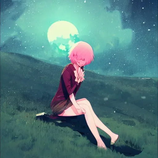 Image similar to woman crying sitting on a hill, outside, night sky, anime style, landscape, by Conrad Roset, digital art, trending on artstation