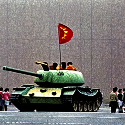 Prompt: grainy photo of winnie the pooh in tiananmen square massacre, tank man, masterpiece, by Jeff Widener