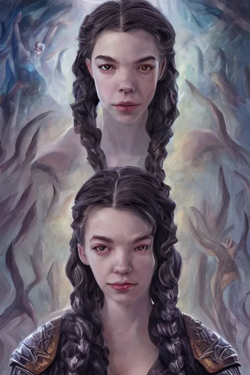 Image similar to A fantasy comic book style, portrait painting of, Anya Taylor-Joy, composite hybrid, Oona Chaplin, as a youthful, Reptilian, Atlantean Warrior, Mystical Valkyrie, Modest light Armor, Sword, Sheild, Spear, François Boucher, Oil Painting, unreal 5, DAZ, hyper-realistic, Photorealistic, octane render, Regal, Refined, Coherent, Detailed Digital Art, RPG portrait, William-Adolphe Bouguereau, Michael Cheval, Walt Disney (1937), Steampunk, Hieronymus Bosch, Golden dappled dynamic lighting, Highly Detailed, Theophanic atmosphere, Cinematic Lighting, Unreal Engine, 8k, HD