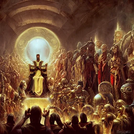 Prompt: a fantasy painting of a crowd around a king sitting on a throne by Tomasz Alen Kopera