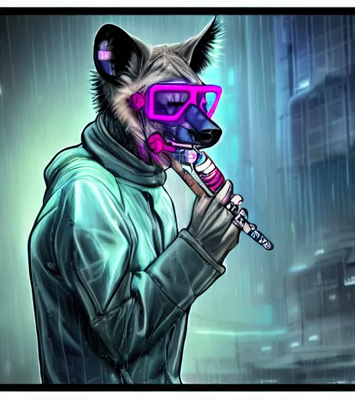 Image similar to digital painting of anthromorphic hyena female smoking cigarrete in cyberpunk style, fursona, furry fandom, furaffinity, neon rainy cyberpunk setting, anthro, wearing cyberpunk leather jacket, detailed face,