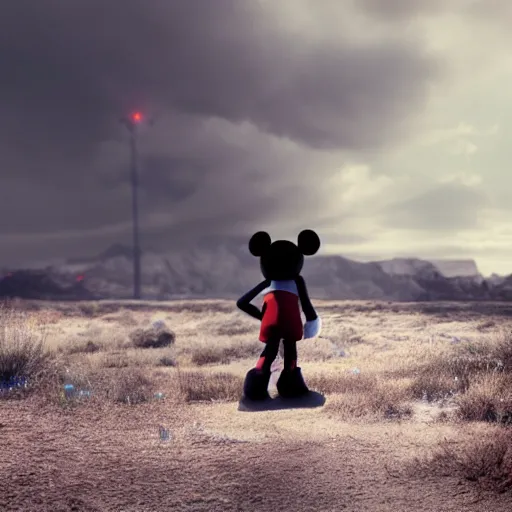 Prompt: Mickey Mouse as a human, photorealistic, film still, desolate