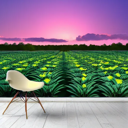 Prompt: photorealistic matte painting field of hostas, monsteras, diefenbachias at sunset, vibrant