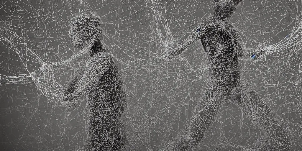 Prompt: an ornate real character made out of intricate webs and Endocrine system built out of dust and light, floating in the night, hyper-realism, very detailed feel, rendered in Octane, tiny points of light, caustic, 4k, beautiful lighting