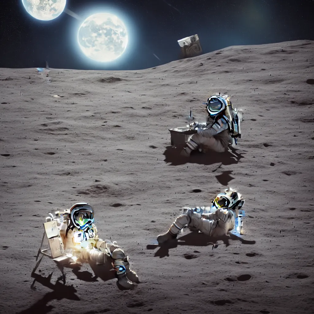 Prompt: astronaut on the Moon sitting on a bench reading a book, Planet Earth visible over the horizon, rim lighting, cinematic lighting, photo realistic image, 4K, super detailed, cinematic look