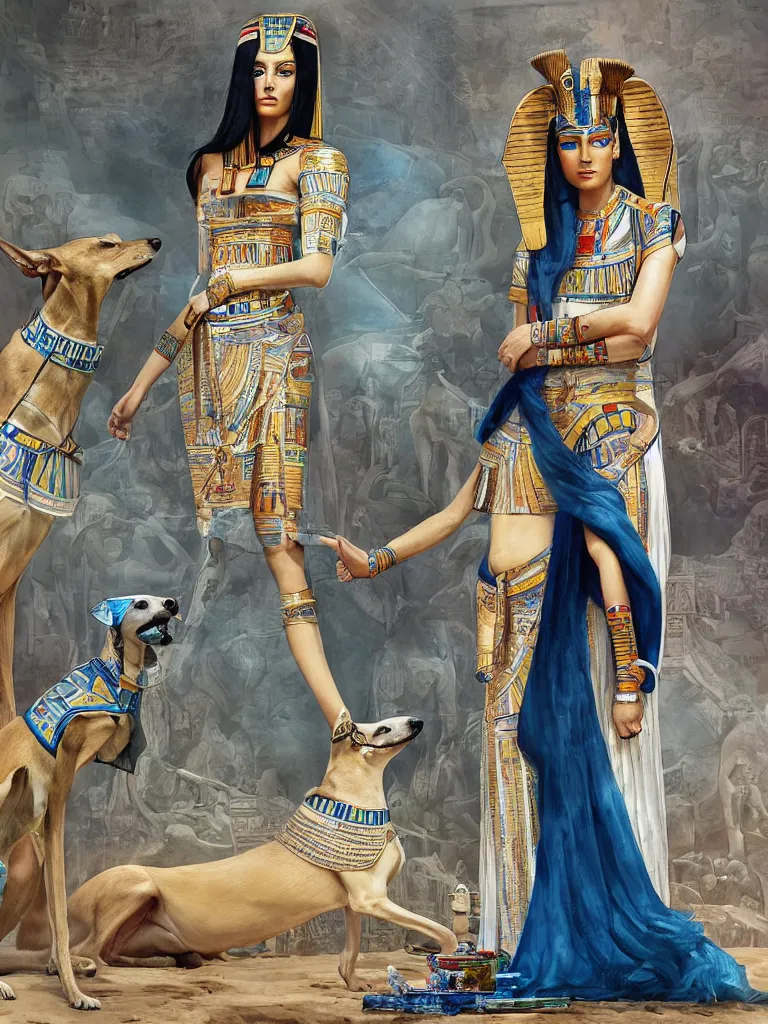 Prompt: portrait of a beautiful female ancient Egyptian goddess next to the god Anubis as a whippet, blue lotus flowers grow around them, by Alessio Albi, painted by Artgerm, by Marc Simonetti