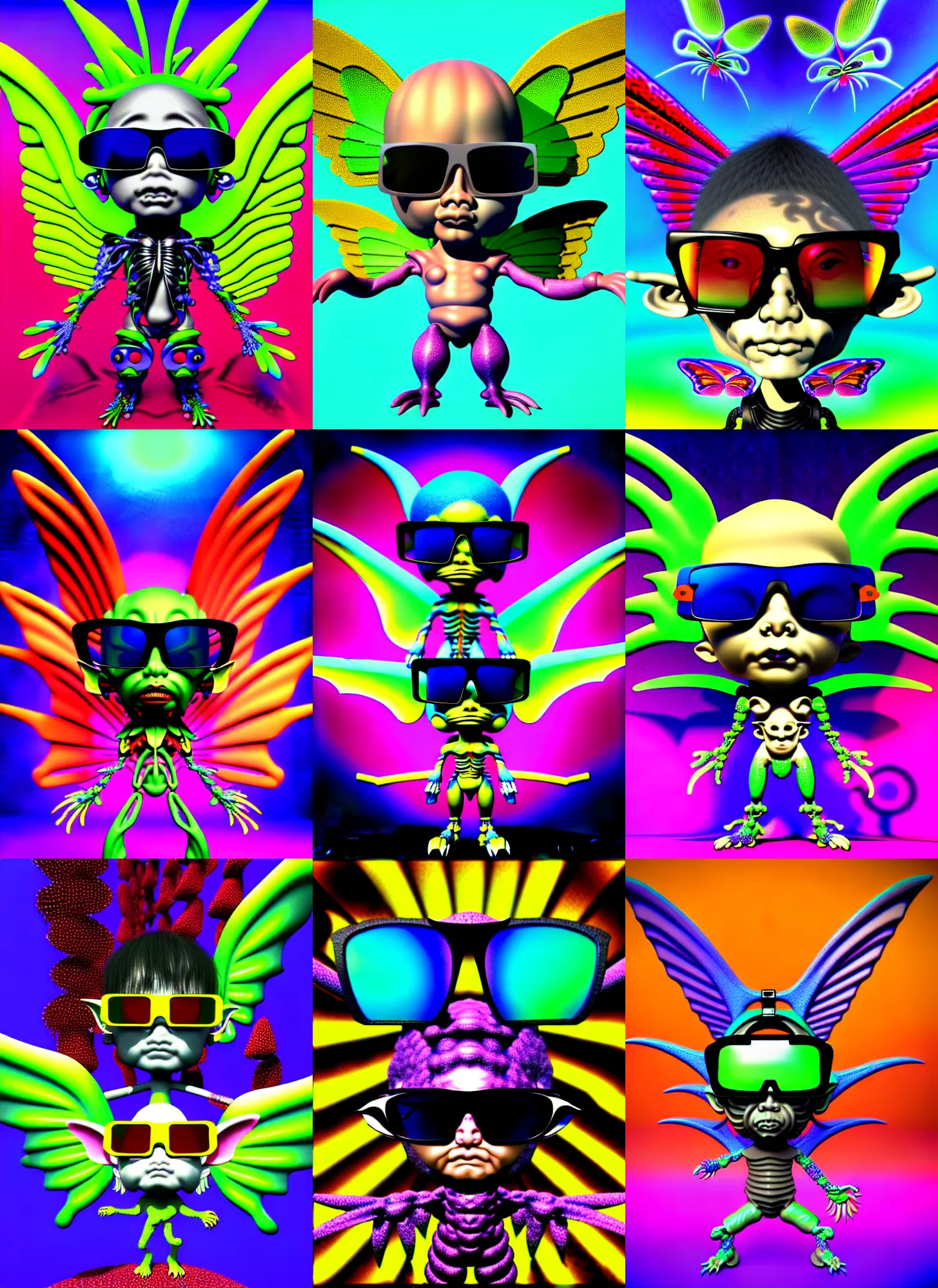 Prompt: 3 d silicon graphics render by ichiro tanida of chibi cyborg goblin by ichiro tanida wearing oakley sunglasses and wearing angel wings against a psychedelic acid background with rendered butterflies and rendered flowers in the style of early three dimensional computer graphics 3 d rendered y 2 k aesthetic