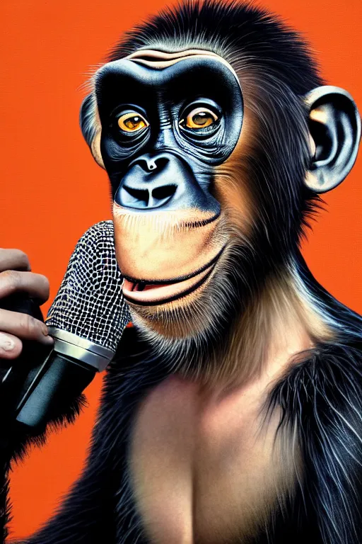 Image similar to a portrait of an anthropomorphic rockstar chimp singing into a microphone on a stand by sandra chevrier, by jon foster, detailed render, tape deck, epic composition, cybernetics, 4 k realistic, cryengine, realistic shaded lighting, sharp focus, masterpiece, by enki bilal