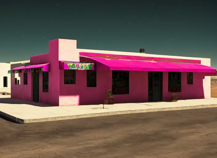 Prompt: realistic exterior photo of a mexican restaurant, vaporwave, in a flat barren desert. 15mm. Very detailed 8k. Sharp. Cinematic post-processing. Unreal engine. Nanite. Ray tracing. Parallax. Tessellation