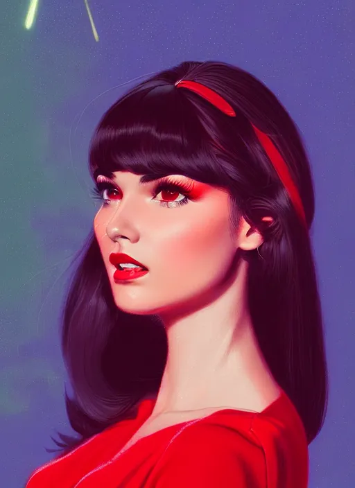 Image similar to portrait of veronica lodge with bangs, 1 9 6 0 s, long hair, red clothes, bangs, intricate, elegant, glowing lights, highly detailed, digital painting, artstation, concept art, smooth, sharp focus, illustration, art by wlop, mars ravelo and greg rutkowski