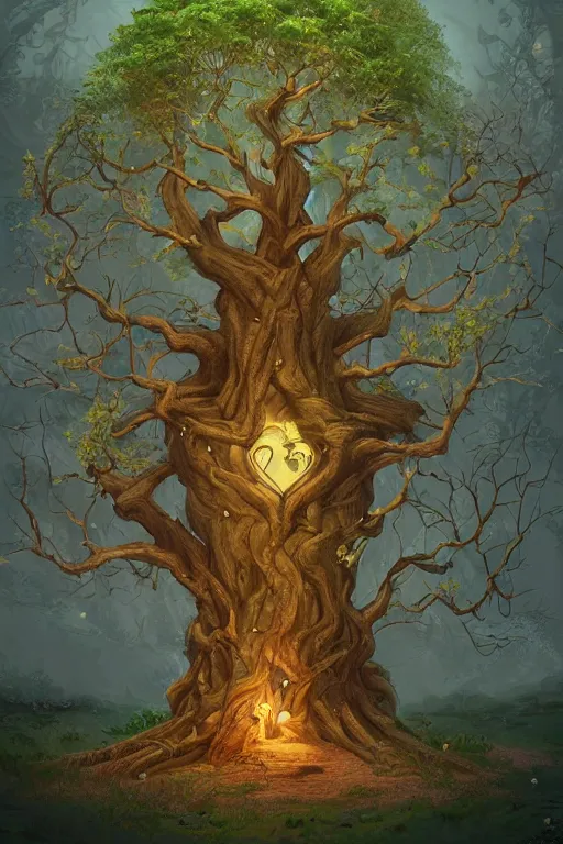 Image similar to a beautiful digital illustration painting of a detailed fantasy tree with a heart carved in the trunk by blair leighton and charlie bowater, 8 k resolution trending on artstation concept art digital illustration