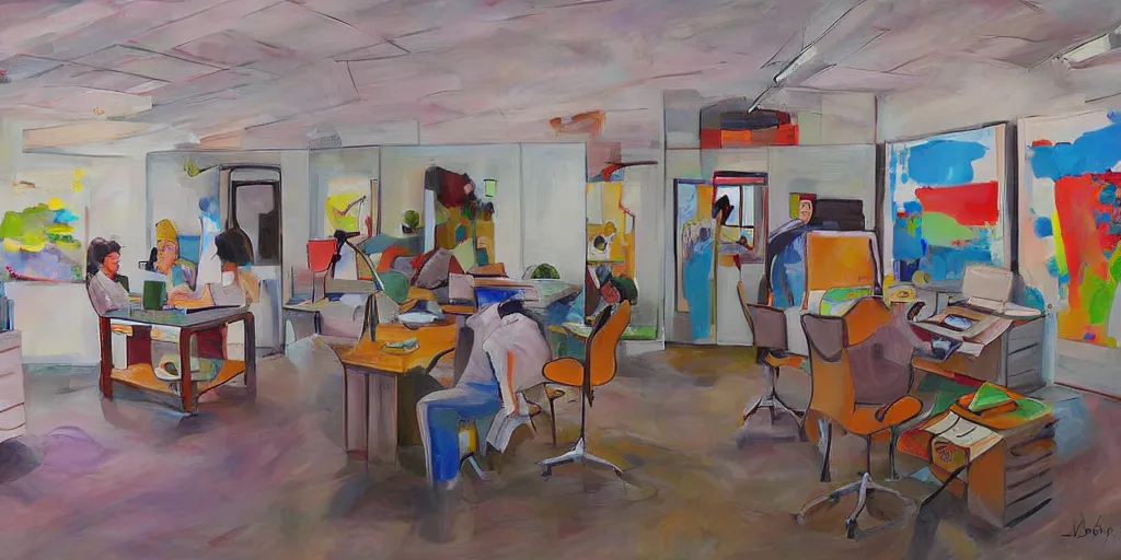 Image similar to painting gallery workplace, art style by joshy sly