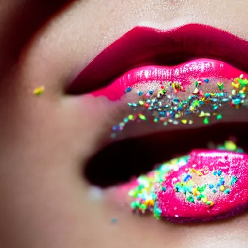 Image similar to a women with cake sprinkles lipstick, trending on Instagram, extreme closeup