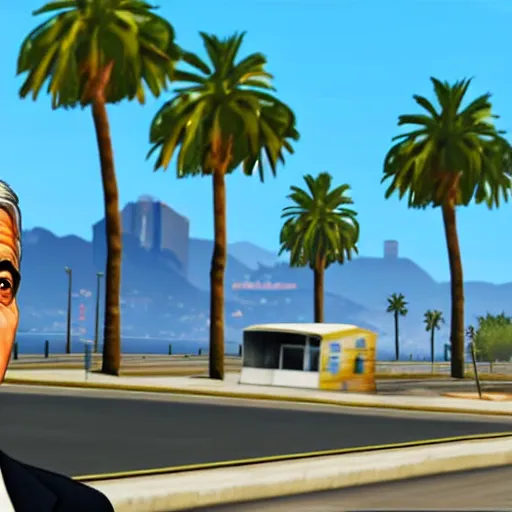 Image similar to george clooney in gta v. los santos in background, palm trees in the art style of stephen bliss