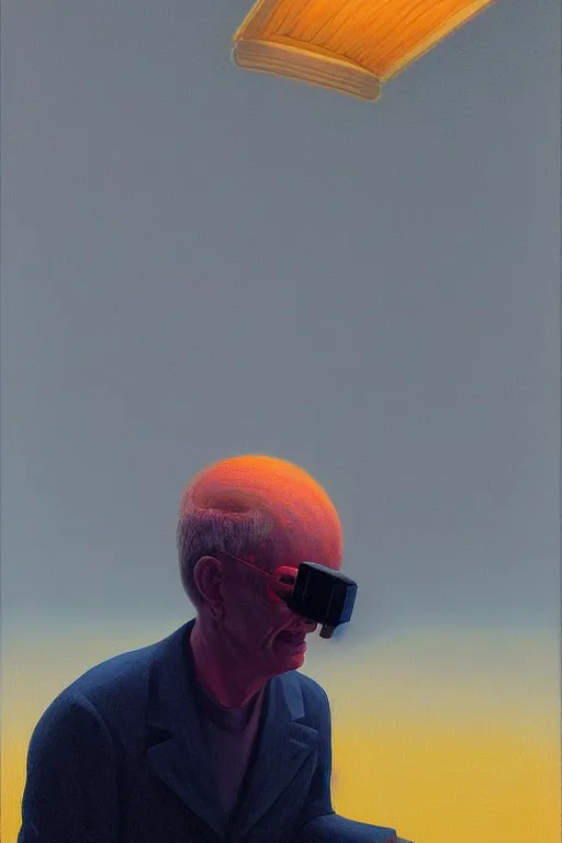 Image similar to sathoshi nakamoto wearing oculus and bitcoin over his head edward hopper and james gilleard, zdzislaw beksisnski, higly detailed