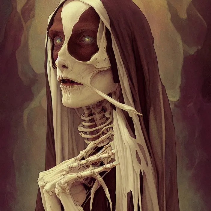 Image similar to A portrait of A Skeleton Nun by Ross Tran!!! and alphonse mucha and greg rutkowski! and Gustave Doré!! and Zdzisław Beksiński!,In style of Impressionism.Symmetry.Highly detailed face.Fantasy,smooth,hyper detailed,sharp focus,Soft light.trending on artstation.oil on canvas