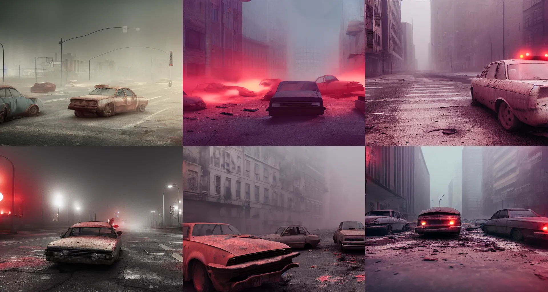 Prompt: Apocalyptic city, abandoned vehicles in the streets, red fog, Octane Render