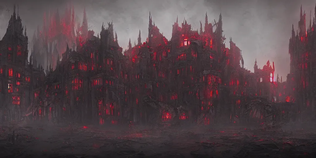 Image similar to grimdark chaos fortress, ruined, terrifying architecture, looming, dark, fog, atmospheric red lighting, dark souls, hyperrealistic, artstation