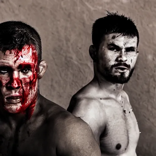 Image similar to portrait of snarling UFC fighters, bloodied and bruised, desert background,