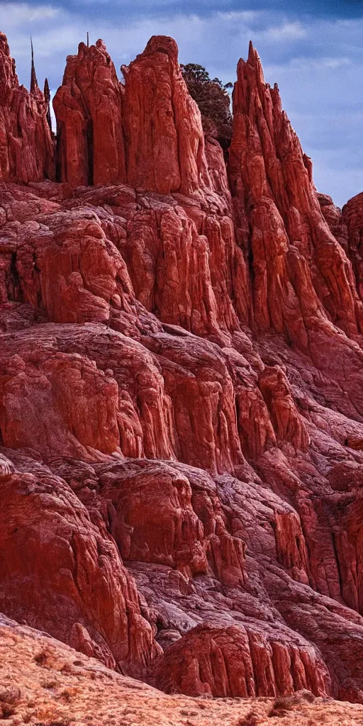 Prompt: an atmospheric film still by Ridley Scott with a huge towering dark gothic cathedral carved out of rock at the top of a red rock canyon