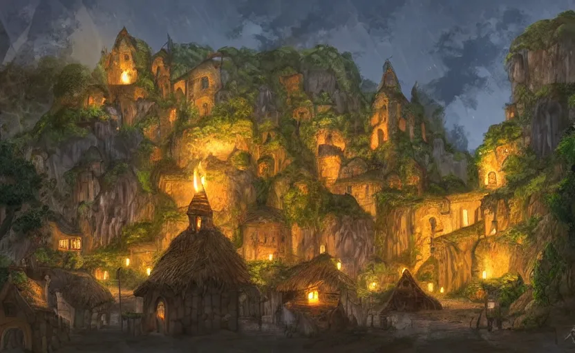 Image similar to medieval village built in a tropical cave, lit by torches, plants, waterfall, houses, towers, concept art, dawn