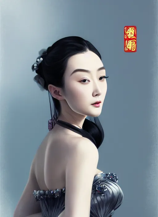 Prompt: beautiful chinese fashion goddness like fanbingbing, strapless dress, character portrait in the style of thomas river and artgerm, wlop, cinematic lighting, hyperdetailed, 8 k realistic, symmetrical, global illumination, radiant light, halo, love and mercy, frostbite 3 engine, cryengine, dof, trending on artstation, digital art, chanel