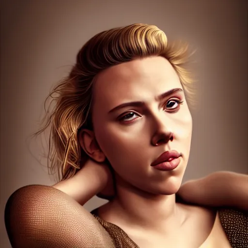 Image similar to intricate beautiful portrait of a young scarlett johansson,, hair in a ponytail, smiling softly, casual clothes, relaxing on the couch, home interior, golden hour, close up shot, 8 k, hyperreal art by irakli nadar, hyperrealism, hyperdetailed, ultra realistic