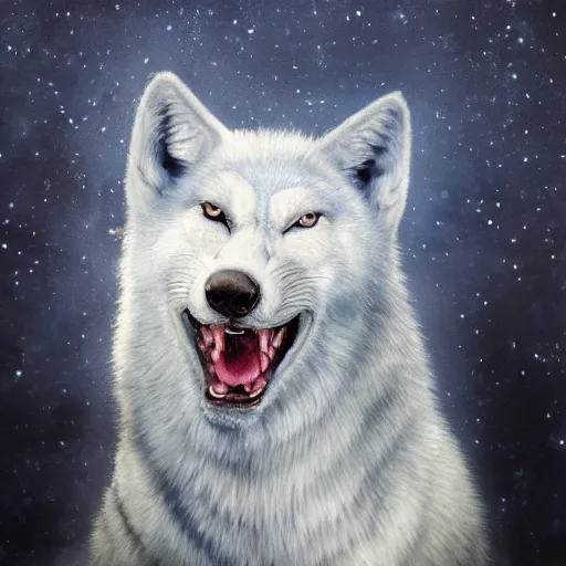 Image similar to pale blue wolf, pale green handkerchief, dark blue hair, dark blue spots, black nose, happy smile having fun, beige ears, beige mane, hyperrealistic, photo realistic, realistic, beautiful white lighting, in the middle of the day, hyperdetailed, very detailed, excellent composition