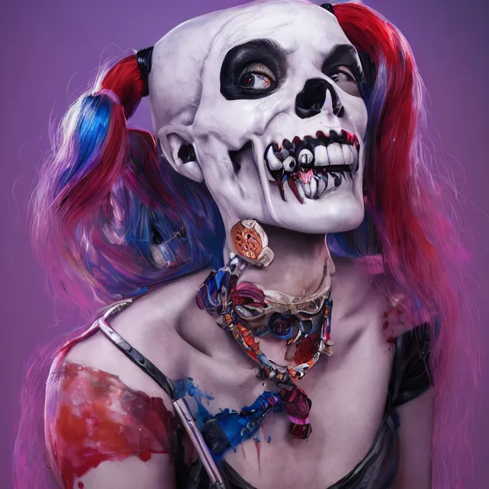 Image similar to portrait of human skull as harley quinn. intricate abstract. intricate artwork. by Tooth Wu, wlop, beeple, dan mumford. octane render, trending on artstation, greg rutkowski very coherent symmetrical artwork. cinematic, hyper realism, high detail, octane render, 8k, iridescent accents