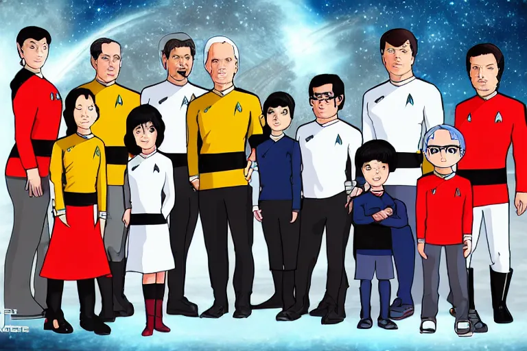 Prompt: star trek next generation bridge crew, family portrait, in style of hayao miyazaki