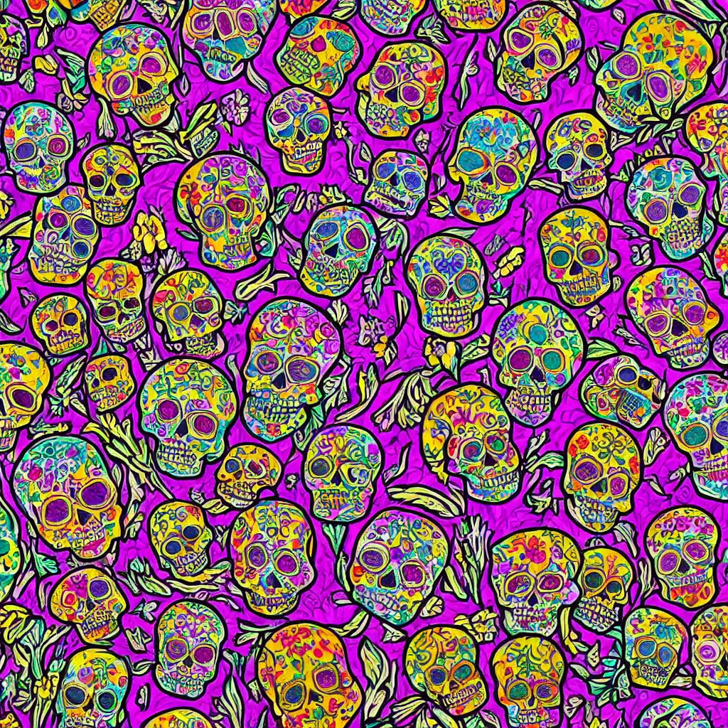 Prompt: Dia de Los Muertos sugar skull in the style of Alex Grey