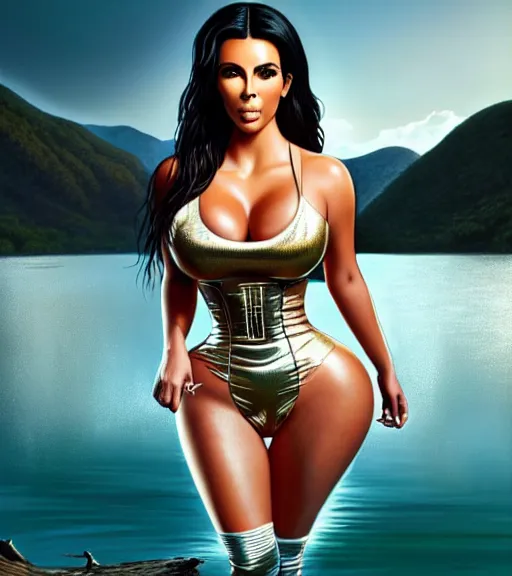 Image similar to professional photo of kim kardashian wearing a hooters outfit, posed by a lake, intricate, elegant, highly detailed, cinematic, instagram, sleek, smooth, sharp focus, illustration, by artgerm and greg rutkowski and alphonse mucha