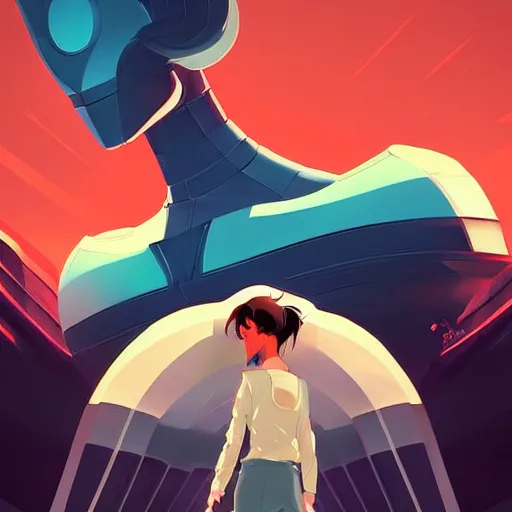 Image similar to a menacing android monster looming over a cowering female, clean cel shaded vector art. shutterstock. behance hd by lois van baarle, artgerm, helen huang, by makoto shinkai and ilya kuvshinov, rossdraws, illustration,