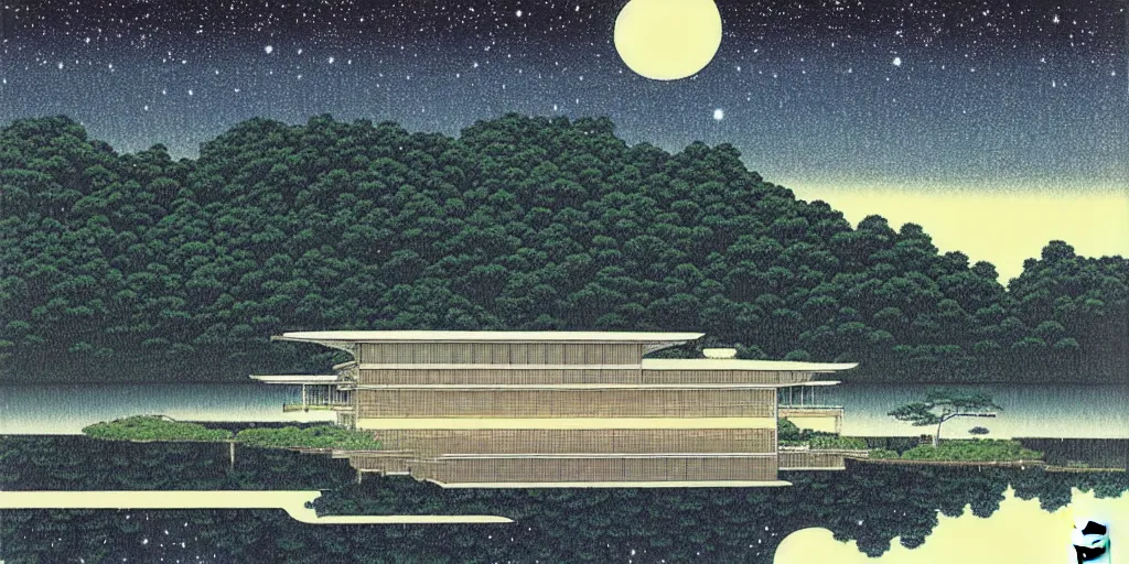 Image similar to painting by Hasui Kawase, atmospheric cozy futuristic organic white concrete house in the middle of a lush and dense forest at night, a beautiful lake next to it, night time, night sky, starry night sky, by Hasui Kawase