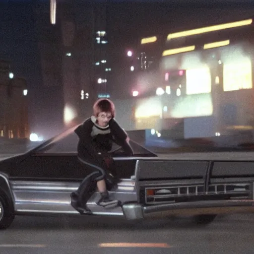 Prompt: at night, a white teenage girl with a pixie haircut in an oversized man's jacket catches a ride on the back of a truck as it drives towards the factory district : a still from a sci - fi dystopian cyberpunk film by steven spielberg from 1 9 8 0 s, shot on 3 5 mm film by janusz kaminski