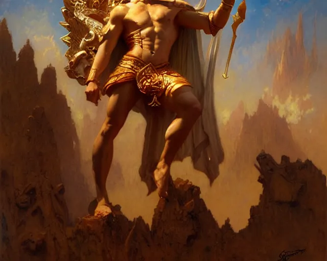 Image similar to attractive heroic male deity, casts magic, summoning handsome heroic lucifer morning star. highly detailed painting by gaston bussiere, craig mullins, j. c. leyendecker 8 k