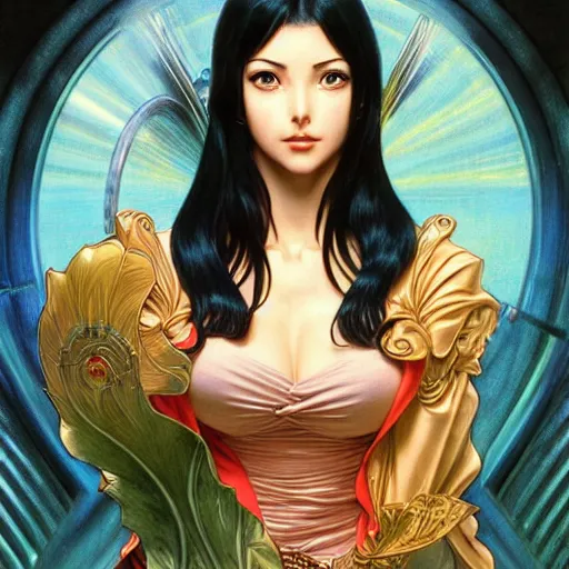 Image similar to intricately detailed vfx portrait of nico robin by eiichiro oda!, makoto shinkai, alphonse mucha, art by artgerm and greg rutkowski!, blue eyes!!, large aquiline nose!!, best of behance, concept art, matte, sharp focus, adolphe bouguereau, annie leibovitz, stanley kubrick,