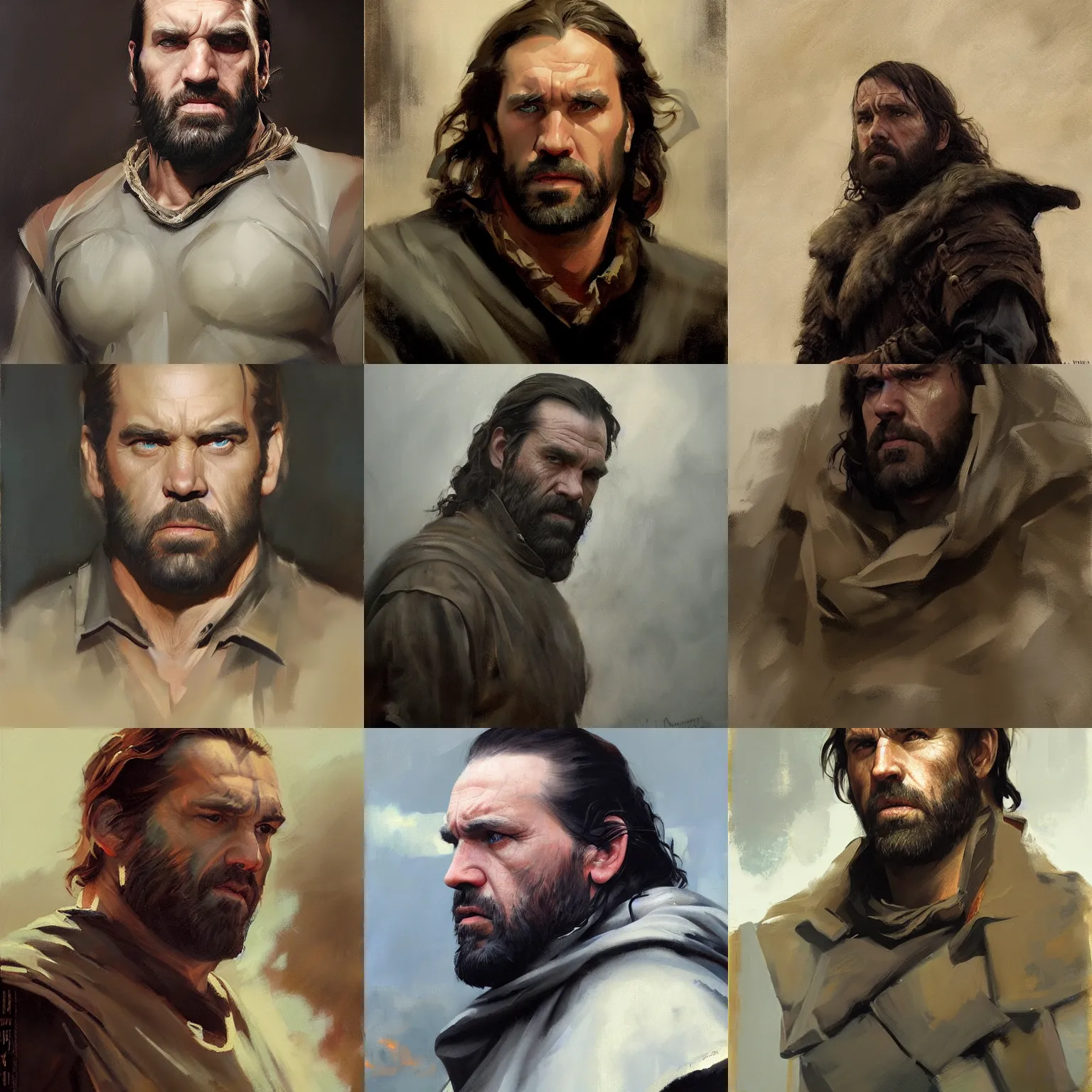 Prompt: greg manchess portrait painting of the hound from game of thrones, medium shot, asymmetrical, foggy day, matte painting, bold shapes, hard edges, by huang guangjian and gil elvgren and sachin teng