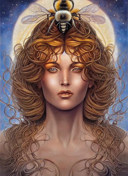 Image similar to stunning goddess of bees portrait, crystal clear eyes. realistic, symmetrical face. art by bowater charlie, mark brooks, julie bell, arian mark, tony sandoval