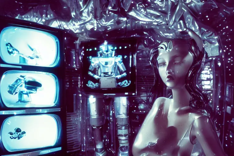 Image similar to beautiful woman robot sitting inside of a galaxy fridge, from 1985, bathed in the glow of a crt television, crt screens in background, low-light photograph, in style of chrome hearts