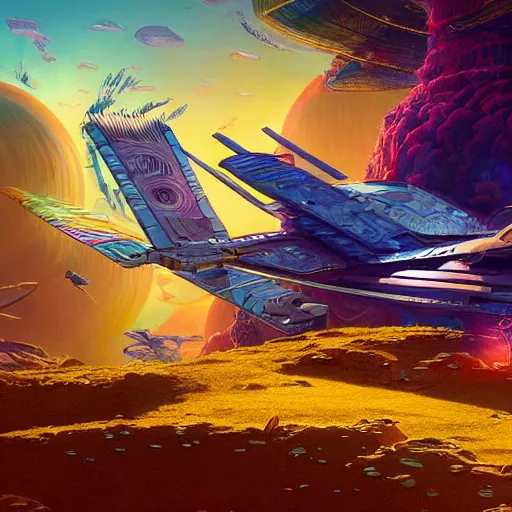 Prompt: crashed spaceship lush steampunk vibrant colors nature photography rich 8 k cinematic by wlop, moebius, lisa frank, arthur adams, james gurney, john howe, syd mead, victo ngai