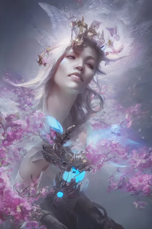 Image similar to beautiful girl necromancer exploding into flowers, angels, 3 d render, hyper - realistic detailed portrait, holding electricity, ruan jia, wlop. scifi, fantasy, hyper detailed, octane render, concept art, peter mohrbacher