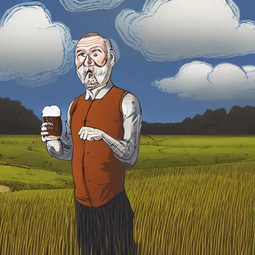 Prompt: a Scottish man holding a pint of beer in the middle of an empty field, In the back ground of the frame is a beautiful landscape., physically accurate, dynamic lighting, intricate, elegant, highly detailed, digital painting in the style of very very ralph steadman, sharp focus, illustration